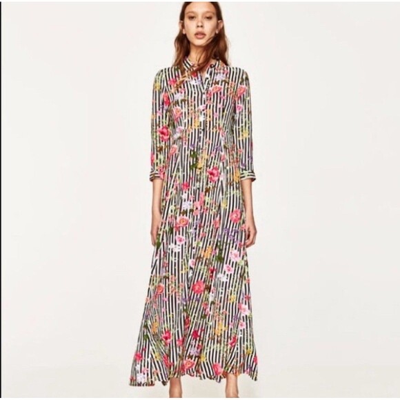 Zara Woman Striped Floral Maxi Shirt Dress With Pockets Size L BLOGGER FAVOURITE - Picture 1 of 10